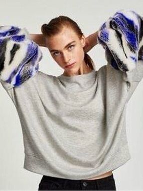 Zara Gray Sweatshirt with Blue and White Fantasy Fur Sleeve Accents Small